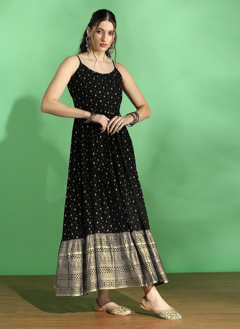 Globus Women Black Strappy Shoulder Gold Foil Ethnic Motifs Smocked Tiered Fit & Flare Maxi Festive Dress - Image 3